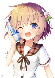Rule 34 | 1girl, ;d, artist name, bottle, bottle to cheek, commentary request, gochuumon wa usagi desu ka?, hair ornament, hairclip, hoto cocoa, light brown hair, looking at viewer, one eye closed, open mouth, purple eyes, school uniform, serafuku, short hair, short sleeves, signature, simple background, smile, solo, upper body, white background, win opz