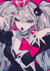 Rule 34 | 1girl, absurdres, bear hair ornament, black bra, black choker, black neckwear, black shirt, blonde hair, blue eyes, bow, shirt bow, bra, breasts, brown background, choker, cleavage, collarbone, commentary request, crown, danganronpa: trigger happy havoc, danganronpa (series), enoshima junko, hair ornament, hands up, highres, long hair, mochizuki kei, nail polish, necktie, open mouth, pink background, pink bow, red bra, red nails, shirt, shirt bow, smile, teeth, tongue, tongue out, twintails, underwear