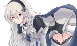 Rule 34 | 1girl, absurdres, bent over, black hairband, blue cape, blush, cape, closed mouth, corrin (female) (fire emblem), corrin (fire emblem), fire emblem, fire emblem fates, grey hair, hair between eyes, hairband, highres, latte, long hair, looking at viewer, nintendo, red eyes, solo, white background