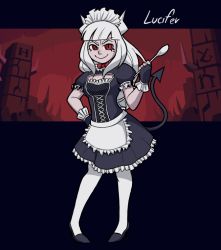Rule 34 | 1girl, alternate costume, apron, black footwear, breasts, character name, commentary, demon girl, demon horns, demon tail, dress, enmaided, frilled apron, frilled dress, frills, full body, helltaker, holding, holding spoon, horns, long hair, looking at viewer, lucifer (helltaker), maid, maid headdress, mateus upd, medium breasts, mole, mole under eye, pantyhose, puffy short sleeves, puffy sleeves, red eyes, shoes, short sleeves, smile, solo, spoon, tail, waist apron, white hair, white horns, white pantyhose