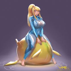 Rule 34 | 1girl, animated, animated gif, blonde hair, blue eyes, bodysuit, bouncing breasts, breasts, creatures (company), game freak, gen 1 pokemon, impossible clothes, large breasts, long hair, metroid, nail polish, nintendo, pikachu, pinkdrawz, pokemon, pokemon (creature), ponytail, samus aran, see-through, shirt, skin tight, solo, wet, wet clothes, wet shirt, zero suit