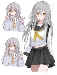 Rule 34 | 1girl, :o, absurdres, arms at sides, black sailor collar, black skirt, closed mouth, cropped legs, dot nose, double v, grey hair, grey sweater, highres, honkai: star rail, honkai (series), karua0621, legs together, long hair, long sleeves, looking at viewer, miniskirt, multiple views, neckerchief, necktie, notice lines, open mouth, pleated skirt, sailor collar, school uniform, serafuku, shirt, shirt overhang, sidelocks, signature, skirt, sleeve cuffs, smile, stelle (honkai: star rail), sweater, thighs, trailblazer (honkai: star rail), v, white shirt, yellow eyes, yellow neckerchief, yellow necktie