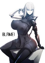 Rule 34 | 1girl, bad id, bad twitter id, blame!, blue eyes, bodysuit, breasts, cibo, covered erect nipples, cyborg, highres, hip focus, huge breasts, light smile, long hair, looking at viewer, mechanical arms, nuezou, perky breasts, simple background, single mechanical arm, sitting, smile, solo, thighs, white background, white hair