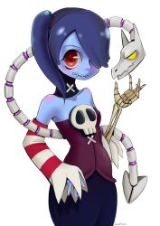 Rule 34 | 1girl, absurdres, blue skin, blush, colored skin, detached collar, detached sleeves, dress, hair over one eye, highres, leviathan (skullgirls), red eyes, side ponytail, skull, skullgirls, smile, squigly (skullgirls), stitched mouth, stitches, zombie