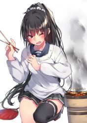 Rule 34 | 10s, 1girl, apron, black hair, chopsticks, cooking, highres, isokaze (kancolle), kantai collection, kappougi, one eye closed, ponytail, red eyes, single thighhigh, skirt, smock, solo, soukou makura, squatting, standing, standing on one leg, thighhighs
