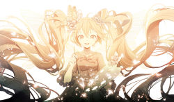 Rule 34 | 1girl, backlighting, bug, butterfly, butterfly on head, butterfly wings, hair ornament, hair ribbon, hatsune miku, highres, insect, insect wings, lengchan (fu626878068), light particles, long hair, looking at viewer, open mouth, paintbrush, palette (object), ribbon, smile, underbust, very long hair, vocaloid, wings, yellow theme