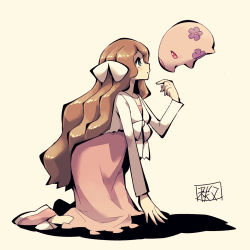 Rule 34 | 1girl, all fours, bad id, bad tumblr id, beige background, blue eyes, blush, bow, breasts, brown hair, caitlin (pokemon), chichibu (watson), collarbone, creatures (company), dress, eye contact, female focus, floating, floral print, from side, frontier brain, full body, game freak, gen 5 pokemon, hair ornament, leaning forward, long hair, long sleeves, looking at another, munna, nintendo, pink dress, pink eyes, pink footwear, pokemon, pokemon (creature), pokemon dppt, pokemon platinum, shoes, simple background, small breasts, text focus, translation request, white bow