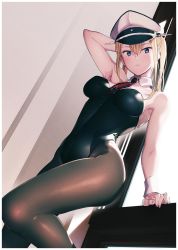 Rule 34 | 1girl, armpits, black pantyhose, blonde hair, blush, breasts, cross, eight tohyama, eyelashes, fingernails, graf zeppelin (kancolle), hair between eyes, hat, highres, indoors, iron cross, kantai collection, leotard, long hair, looking at viewer, pantyhose, peaked cap, playboy bunny, sidelocks, solo, thighs, twintails, wrist cuffs