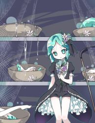 Rule 34 | 1other, adapted costume, alternate costume, amimi, androgynous, bowl, disembodied hand, flower, frills, green eyes, green hair, hair flower, hair ornament, hair ribbon, houseki no kuni, looking at viewer, phosphophyllite, ribbon, scythe, shelf, short hair, solo