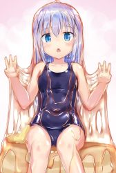 Rule 34 | 1girl, arms up, blue eyes, blue hair, blue one-piece swimsuit, blush, butter, chestnut mouth, collarbone, commentary request, food, food on body, food on face, food on head, gochuumon wa usagi desu ka?, hair between eyes, hair ornament, hairclip, highres, honey, in food, kafuu chino, long hair, looking at viewer, mini person, minigirl, naka (cheeseyeast), navel, object on head, one-piece swimsuit, open mouth, pancake, simple background, sitting, sitting on food, solo, swimsuit, thighs, wet, white background