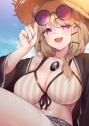Rule 34 | 1girl, :d, adjusting eyewear, animal ear fluff, animal ears, arknights, bikini, black-framed eyewear, black jacket, blonde hair, blue nails, blue sky, blush, braid, breasts, brown hat, cleavage, collarbone, day, eyewear on head, fang, grey shorts, hair ornament, hairclip, hand on eyewear, hand up, hat, highres, jacket, jewelry, large breasts, long hair, long sleeves, looking at viewer, megalateo, nail polish, navel, necklace, off shoulder, open clothes, open jacket, open mouth, outdoors, purple-tinted eyewear, purple eyes, round eyewear, short shorts, shorts, side braid, single bare shoulder, sitting, skin fang, sky, smile, solo, straw hat, striped bikini, striped clothes, sunglasses, swimsuit, thighs, tinted eyewear, utage (arknights), utage (summer flowers) (arknights), vertical-striped bikini, vertical-striped clothes, x hair ornament, yellow bikini