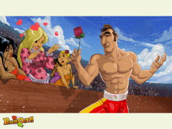 Rule 34 | 1boy, 3girls, annoyed, don flamenco, flower, grin, heart, multiple girls, nintendo, punch-out!!, rose, shorts, smile, topless, wink