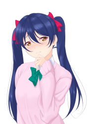 Rule 34 | 10s, 1girl, alternate hairstyle, blue hair, blush, bow, bowtie, cardigan, closed mouth, cosplay, green bow, green bowtie, hair between eyes, hair bow, highres, long hair, looking at viewer, love live!, love live! school idol project, n61nor, otonokizaka school uniform, pink cardigan, red bow, school uniform, simple background, solo, sonoda umi, standing, striped bow, striped bowtie, striped clothes, twintails, white background, yazawa nico, yazawa nico (cosplay), yellow eyes