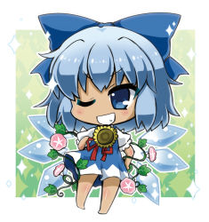 Rule 34 | &gt;;d, 1girl, ;d, bad id, bad pixiv id, barefoot, blue bow, blue dress, blue eyes, blue hair, blush, border, bow, chibi, cirno, commentary request, dress, flower, full body, green background, grin, hair bow, hand on own hip, hidden star in four seasons, ice, ice wings, light blue hair, looking at viewer, noai nioshi, one eye closed, open mouth, outside border, plant, puffy short sleeves, puffy sleeves, red ribbon, ribbon, short hair, short sleeves, smile, solo, sparkle, standing, sunflower, tan, tanned cirno, teeth, touhou, v-shaped eyebrows, vines, white border, wings