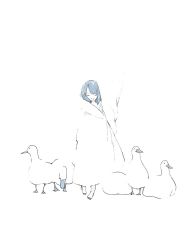 Rule 34 | 1girl, bird, blue hair, closed eyes, full body, goose, greyscale, highres, monochrome, ogura mao, original, simple background, smile, solo, standing, swept bangs, tagme, white background, white theme