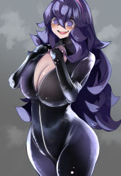 Rule 34 | 1girl, @ @, absurdres, alternate breast size, alternate costume, ass, black bodysuit, bodysuit, breasts, catsuit, cleavage, creatures (company), curvy, game freak, hairband, hex maniac (pokemon), highres, large breasts, latex, latex bodysuit, lisp coc, messy hair, nintendo, no bra, open clothes, pokemon, pokemon xy, purple eyes, purple hair, purple hairband, skin tight, solo, thick thighs, thighs, unzipped, unzipped bodysuit, wide hips, zipper