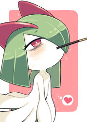Rule 34 | bags under eyes, colored skin, creatures (company), food, food in mouth, game freak, gen 3 pokemon, green hair, heart, highres, horns, ino (tellu0120), kirlia, nintendo, pink background, pink eyes, pocky, pocky in mouth, pokemon, pokemon (creature), sidelocks, simple background, sweat, trembling, v arms, white skin