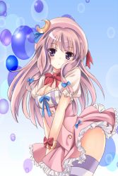 Rule 34 | 1girl, adapted costume, breasts, bubble, cleavage, crescent, crescent hair ornament, dress, female focus, hair ornament, hat, long hair, patchouli knowledge, purple eyes, purple hair, short dress, smile, solo, suzaku (oekaki no sekai), thighhighs, touhou