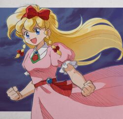 Rule 34 | 1girl, betabetamaru, blonde hair, blue eyes, bow, braid, breasts, castlevania (series), castlevania: rondo of blood, clenched hands, commentary request, dress, graphite (medium), hair bow, hairband, hatching (texture), highres, long dress, long hair, low twin braids, maria renard, medium breasts, mixed media, open mouth, puffy short sleeves, puffy sleeves, red bow, red hairband, short sleeves, smile, solo, traditional media, twin braids, v-shaped eyebrows, very long hair