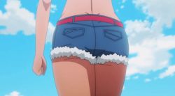 Rule 34 | 1girl, animated, animated gif, artoria gremm, ass, ass focus, back, cloud, dark-skinned female, dark skin, dimples of venus, from behind, outdoors, shinka no mi, shorts, sky, solo, thighs, walking