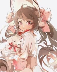 Rule 34 | 1girl, ambience synesthesia, animal, animal ears, arknights, bonnet, bow, brown hair, dress, eyjafjalla (arknights), hair bow, highres, holding, holding animal, horns, latutou1, lips, long hair, long sleeves, looking at viewer, pink bow, pink eyes, sheep, sheep ears, sheep girl, sheep horns, simple background, solo, upper body, white background, white dress, white headwear
