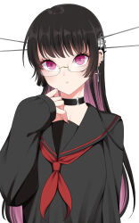 Rule 34 | 1girl, alternate costume, black hair, breasts, choker, choukai (kancolle), closed mouth, ear piercing, earrings, glasses, highres, jewelry, kantai collection, long hair, long sleeves, looking at viewer, medium breasts, multicolored hair, piercing, pink eyes, pink hair, school uniform, simple background, solo, two-tone hair, upper body, white background, yomogi dango