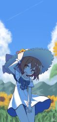 Rule 34 | 1girl, absurdres, arm up, artist name, bare shoulders, blue bow, blue sky, bow, cloud, collarbone, commentary request, day, dress, flower, hand on headwear, hat, highres, ichi (ichi.colors), kantai collection, off-shoulder dress, off shoulder, outdoors, pleated dress, signature, sky, solo, straw hat, sunflower, white dress, white hat, yellow flower, yukikaze (kancolle)
