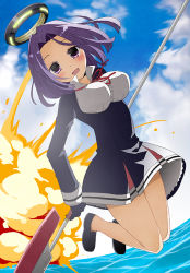 Rule 34 | 10s, 1girl, blouse, blue sky, blush, cloud, day, explosion, glaive (polearm), gloves, halo, jumping, kantai collection, lace, lace-trimmed skirt, lace trim, loafers, looking at viewer, mechanical halo, no socks, open mouth, personification, polearm, purple eyes, purple hair, school uniform, shirt, shoes, short hair, skirt, sky, solo, tamaoka kagari, tatsuta (kancolle), water, white shirt