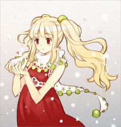 Rule 34 | blonde hair, dress, long hair, lowres, red eyes, scarf, solo, tearfish, twintails