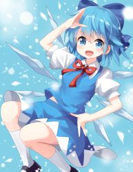 Rule 34 | 1girl, :d, black skirt, blue bow, blue eyes, blue hair, blue shirt, bow, cirno, hair bow, hand on own hip, highres, ice, ice wings, large bow, looking at viewer, neck ribbon, open mouth, red ribbon, ribbon, ruu (tksymkw), salute, shirt, short hair, skirt, skirt set, smile, socks, solo, touhou, white socks, wings