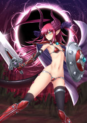 Rule 34 | 1girl, adsouto, armlet, armor, artist name, asymmetrical horns, asymmetrical legwear, bikini armor, black thighhighs, blue eyes, blush, boots, breasts, cape, commentary, curled horns, dragon girl, dragon horns, dragon tail, elbow gloves, elizabeth bathory (fate), english commentary, fate/grand order, fate (series), gloves, gluteal fold, highres, horns, legs apart, long hair, looking to the side, navel, night, pauldrons, pink hair, pointy ears, red armor, shield, shoulder armor, silver trim, small breasts, smile, solo, sword, tail, thigh strap, thighhighs, uneven horns, uneven legwear, vambraces, watermark, weapon