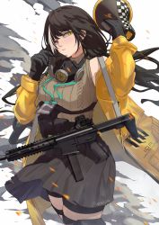 Rule 34 | 1girl, ammunition belt, arm up, black gloves, black hair, black skirt, blush, brown sweater vest, closed mouth, colt 9mm smg, feet out of frame, gas mask, girls&#039; frontline, gloves, gun, heterochromia, highres, holding, holding megaphone, id card, jacket, lips, long hair, looking at viewer, mask, mask around neck, megaphone, microphone, mod3 (girls&#039; frontline), multicolored hair, open clothes, open jacket, red eyes, ro635 (girls&#039; frontline), ro635 (mod3) (girls&#039; frontline), shinoda giri, simple background, skirt, smoke, solo, standing, submachine gun, sweater vest, twitter username, weapon, yellow eyes, yellow jacket