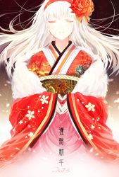 Rule 34 | 10s, 1girl, 2013, closed eyes, flower, hair flower, hair ornament, hairband, highres, japanese clothes, k-project, kimono, kushina anna, long hair, orb, pale skin, pkynocardia, solo, text focus, translation request, upper body, white hair