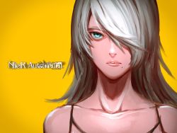 Rule 34 | a2 (nier:automata), android, blue eyes, collarbone, facing viewer, hair over one eye, highres, joints, long hair, looking at viewer, mole, mole under mouth, nier:automata, nier (series), one eye covered, pink lips, portrait, robot joints, rv86qxhg2jh0dihr6t3j, silver hair, solo, swept bangs, tank top, title, yellow background
