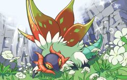 Rule 34 | animal focus, bug, commentary request, creatures (company), flower, game freak, insect, moth, nintendo, no humans, on grass, pokemon, pokemon (creature), q-chan, slither wing, solo, sparkle, star-shaped pupils, star (symbol), sunlight, symbol-shaped pupils, tail, white fur, yellow eyes