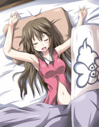 Rule 34 | 10s, 1girl, armpits, breasts, brown hair, closed eyes, female focus, huang lingyin, infinite stratos, kumojii, long hair, midriff, mister (black and white), navel, open mouth, pillow, sleeping, sleepwear, solo