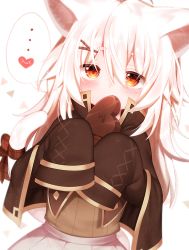 Rule 34 | 1girl, animal ears, candy, capelet, cat ears, cat tail, chocolate, chocolate heart, commentary request, food, heart, holding, long hair, looking at viewer, mofuaki, orange eyes, original, ribbon, shiro (mofuaki), silver hair, sleeves past fingers, sleeves past wrists, solo, spoken heart, tail, tail ornament, tail ribbon, valentine