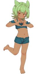 Rule 34 | 1girl, absurdres, anaruga, animal ears, barefoot, blue shirt, blue shorts, blush, child, collarbone, cropped shirt, dark-skinned female, dark skin, dot nose, fang, female focus, full body, green hair, half-closed eyes, hands on own chest, heart, heart hands, highres, humotaru, leg up, looking at viewer, midriff, navel, open fly, open mouth, orange eyes, original, shirt, short hair, short shorts, short sleeves, shorts, sidelocks, simple background, solo, standing, standing on one leg, stomach, toes, white background