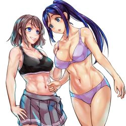 Rule 34 | 10s, 2girls, abs, bare shoulders, blue eyes, blue hair, blush, bra, brown hair, grin, hand on another&#039;s shoulder, long hair, looking at another, love live!, love live! sunshine!!, matsuura kanan, midriff, misogi, misogi (misogi1341), multiple girls, muscular, muscular female, navel, open mouth, panties, ponytail, short hair, skirt, smile, sports bra, toned, underwear, underwear only, undressing, watanabe you, yuri