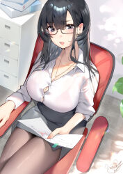 Rule 34 | 1girl, absurdres, black eyes, black hair, black pantyhose, black skirt, blush, bra visible through clothes, breasts, bursting breasts, chair, collarbone, commentary request, file cabinet, glasses, highres, holding, holding paper, inushima, jewelry, large breasts, long hair, long sleeves, looking at viewer, necklace, office chair, office lady, open mouth, original, pantyhose, paper, see-through, semi-rimless eyewear, shirt, signature, simple background, sitting, skirt, solo, swivel chair, under-rim eyewear, white shirt