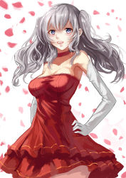 Rule 34 | 10s, 1girl, blue eyes, blush, breasts, choker, dress, elbow gloves, gloves, hand on own hip, highres, kantai collection, kashima (kancolle), petals, red dress, silver hair, sketch, solo, wenhe