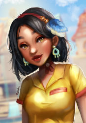 Rule 34 | 1girl, absurdres, artist name, black hair, black skin, blue feathers, breasts, collared shirt, colored skin, commentary, dark-skinned female, dark skin, earrings, english commentary, feather hair ornament, feathers, feather hair ornament, highres, jewelry, medium breasts, my time at portia, shirt, short hair, short sleeves, solo, sonia (my time at portia), white feathers, yanting sun, yellow eyes, yellow shirt
