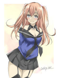 Rule 34 | 1girl, arms behind back, black skirt, black thighhighs, blue shirt, breasts, brown eyes, cleavage, commentary request, detached collar, gakky, garter straps, johnston (kancolle), kantai collection, light brown hair, long hair, looking at viewer, medium breasts, off shoulder, one-hour drawing challenge, pleated skirt, sailor collar, school uniform, serafuku, shirt, skirt, smile, solo, thighhighs, two side up