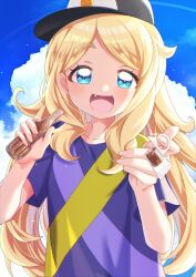 Rule 34 | 1girl, :d, asuka ruu, baseball cap, black hat, blonde hair, blue eyes, blue sky, bottle, cloud, commentary request, day, fang, hands up, hat, highres, hizuki (hiduki6121), holding, holding bottle, incoming drink, kiratto pri chan, long hair, looking at viewer, open mouth, outdoors, pretty series, purple shirt, shirt, short sleeves, sky, smile, solo, sparkle, swept bangs, t-shirt, tupet, upper body