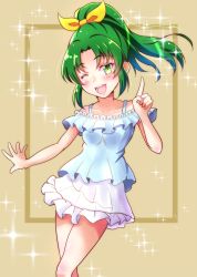 Rule 34 | 1girl, ;d, blue shirt, blush, bow, brown background, green eyes, green hair, hair bow, hair intakes, high ponytail, highres, index finger raised, kaatsu katsurou, long hair, looking at viewer, midorikawa nao, miniskirt, off-shoulder shirt, off shoulder, one eye closed, open mouth, outstretched hand, precure, shirt, skirt, smile, smile precure!, solo, sparkle, standing, white skirt, yellow bow