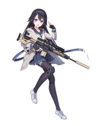 Rule 34 | 1girl, ammunition pouch, battle rifle, black gloves, black hair, black thighhighs, eyebrows, fingerless gloves, full body, girls&#039; frontline, gloves, grey jacket, gun, hagi (ame hagi), hairband, holding, holding gun, holding weapon, holster, hood, hooded jacket, jacket, knee pads, long hair, looking at viewer, magazine (weapon), official art, open mouth, personification, pouch, purple eyes, rifle, salute, school uniform, scope, serafuku, solo, standing, standing on one leg, strap, super sass, super sass (girls&#039; frontline), suppressor, thigh holster, thighhighs, transparent background, trigger discipline, weapon