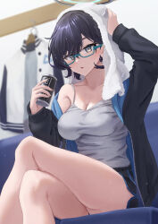 Rule 34 | 1girl, absurdres, after bathing, aqua-framed eyewear, arm up, black hair, black jacket, black shorts, blue archive, breasts, camisole, can, canned coffee, chihiro (blue archive), cleavage, clothes hanger, collarbone, commentary request, couch, crossed legs, dolphin shorts, drink can, glasses, grey camisole, hair between eyes, halo, highres, holding, holding can, indoors, jacket, large breasts, long sleeves, on couch, open clothes, open jacket, parted lips, semi-rimless eyewear, short hair, shorts, sidelocks, single bare shoulder, sitting, solo, towel, towel on head, under-rim eyewear, wet, wet hair, yakishio (yakishio 236)