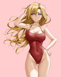 Rule 34 | 1girl, absurdres, arm up, bare shoulders, baywatch, blonde hair, blue eyes, breasts, cameltoe, casual one-piece swimsuit, cleavage, closed mouth, collarbone, commentary, covered navel, cowboy shot, floating hair, hair between eyes, hand on own head, hand on own hip, highleg, highleg swimsuit, highres, large breasts, legs together, long hair, looking at another, medium breasts, one-piece swimsuit, original, pink background, red one-piece swimsuit, simple background, skin tight, solo, standing, swimsuit, terebravisse, thigh gap