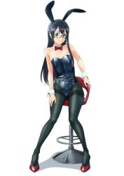 Rule 34 | 1girl, alternate costume, animal ears, bare shoulders, black-framed eyewear, black hair, black leotard, black pantyhose, blue eyes, bow, bowtie, closed mouth, collar, commentary, detached collar, fake animal ears, hand on own thigh, high heels, highres, kantai collection, leotard, long hair, mikan 29344886, ooyodo (kancolle), pantyhose, playboy bunny, rabbit ears, red bow, red bowtie, red footwear, semi-rimless eyewear, shadow, simple background, sitting, smile, solo, stool, strapless, strapless leotard, thighband pantyhose, under-rim eyewear, white background, white collar, wing collar, wrist cuffs
