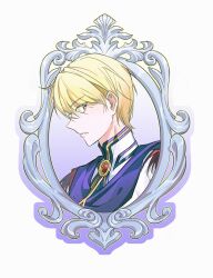 Rule 34 | 1boy, blonde hair, blue eyes, chester stoddart, eien galaxy ko, gem, hair between eyes, highres, jewelry, looking at viewer, parted lips, picture frame, portrait, red gemstone, short hair, simple background, solo, upper body, white background, ys, ys iii wanderers of ys